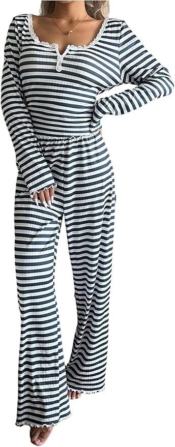 SOLY HUX Women's Striped Pajama Set Lace Trim Long Sleeve T Shirt Tops and Pants Loungewear Sleep... | Amazon (US)