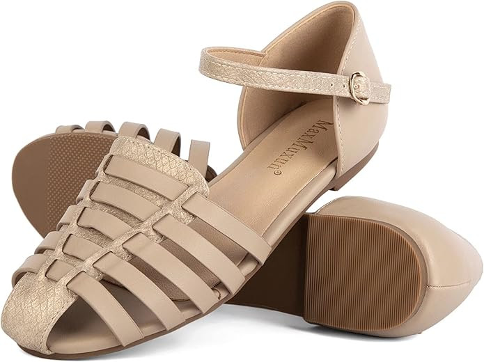 MaxMuxun Women's Closed Toe Flat Sandals Comfortable Ankle Strap Cut Out Cage Summer Roman Shoes | Amazon (US)