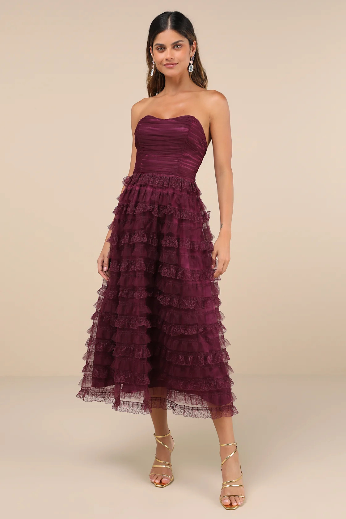 Immensely Exquisite Purple Tulle Strapless Tiered Midi Dress | Lulus
