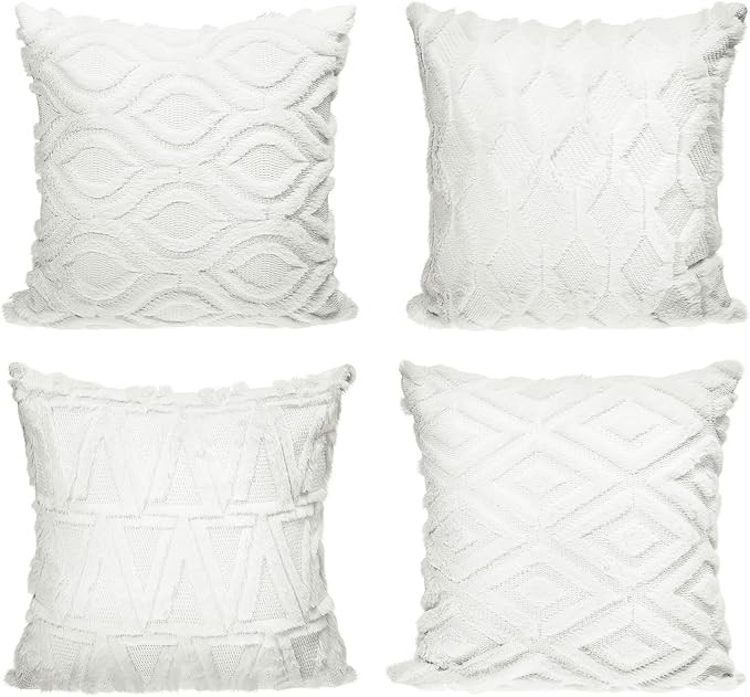 Mepase Set of 4 Boho Decorative Throw Pillow Covers 18 x 18 Inch Faux Wool Velvet Couch Pillow Co... | Amazon (US)