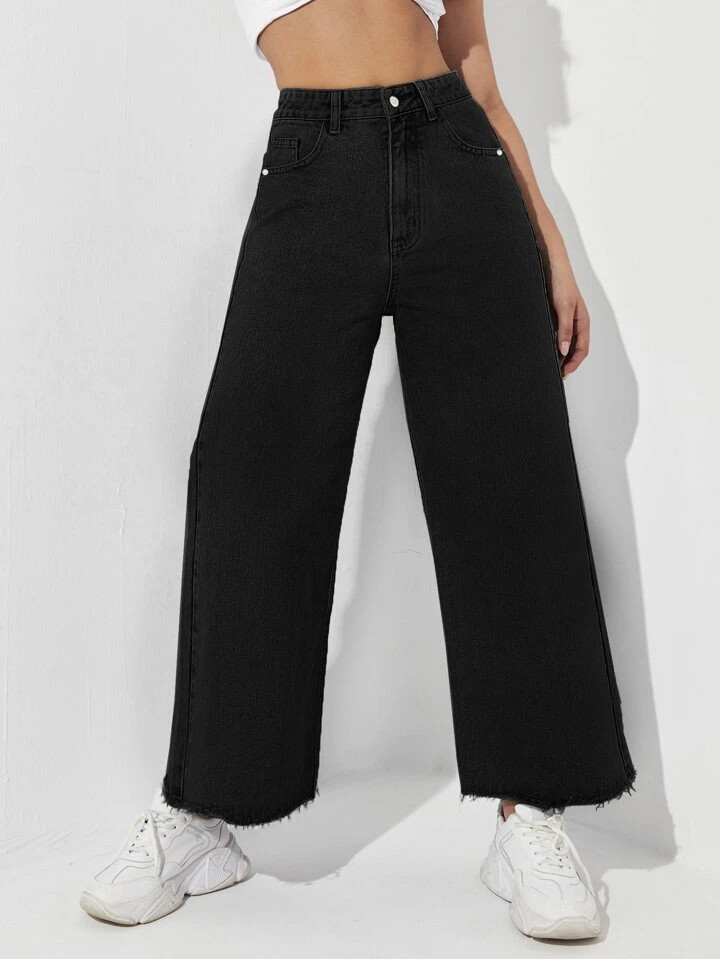 SHEIN EZwear Zipper Fly Raw Hem Wide Leg Jeans | SHEIN