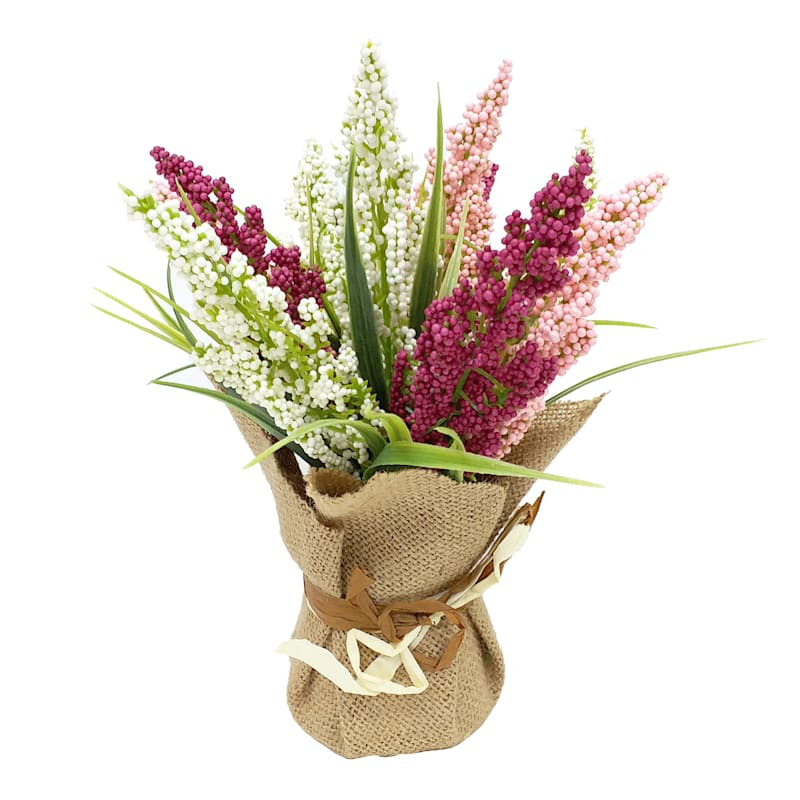 Pink Heather Flowers with Burlap, 11" | At Home