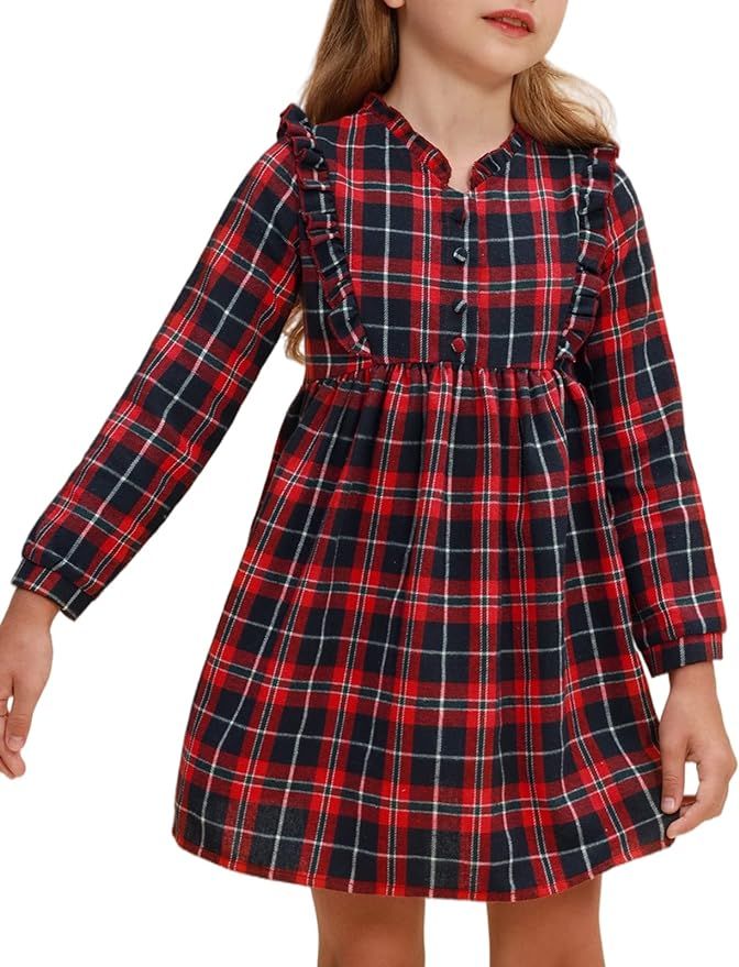 Girl Plaid Long Sleeve Dress Cotton Vintage School Shirt Dress A-Line 5-12Y Fall | Amazon (US)