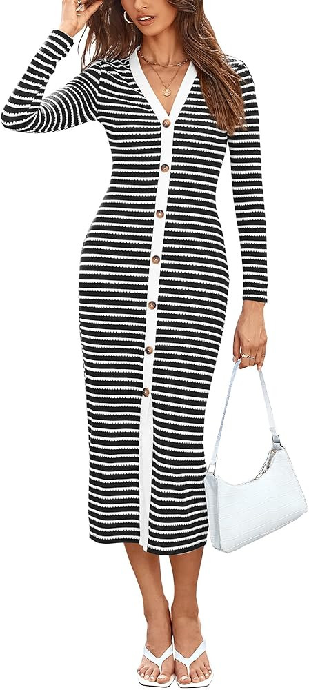 BTFBM Women Casual Long Sleeve Dress Fall Dresses 2024 Striped Midi Dresses Decorative Button Rib... | Amazon (US)
