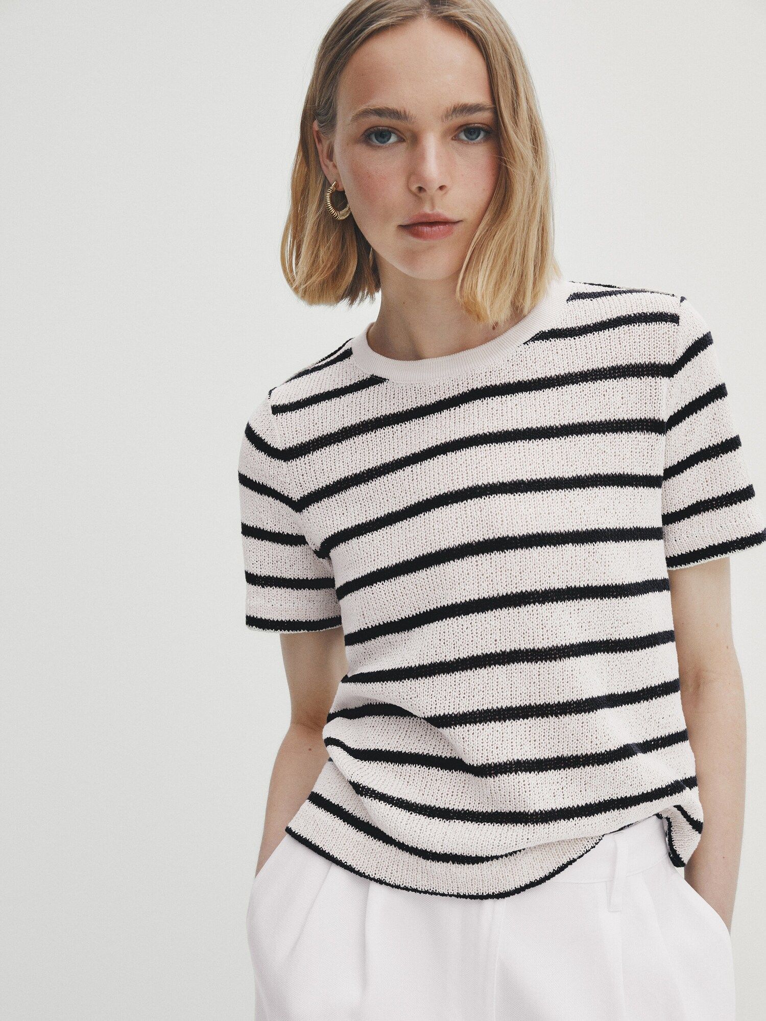 Textured striped cotton blend T-shirt | Massimo Dutti (US)