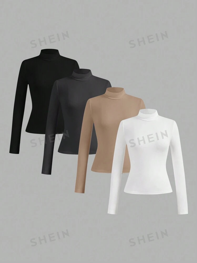 SHEIN Essnce 4pcs/Set Women's Solid Color Casual Slim Fit Turtleneck Sweater, Versatile For Autum... | SHEIN