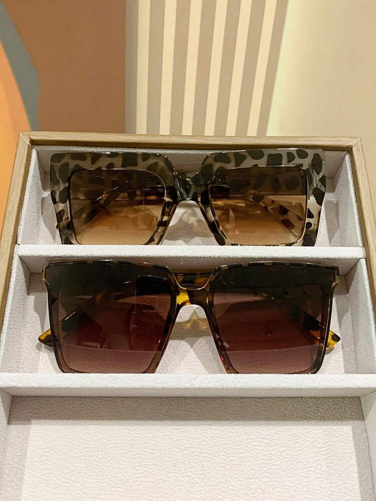 2pairs Vintage Square Large Frame Leopard Print Sunglasses, Bohemian Style Plastic Fashion Eyewea... | SHEIN