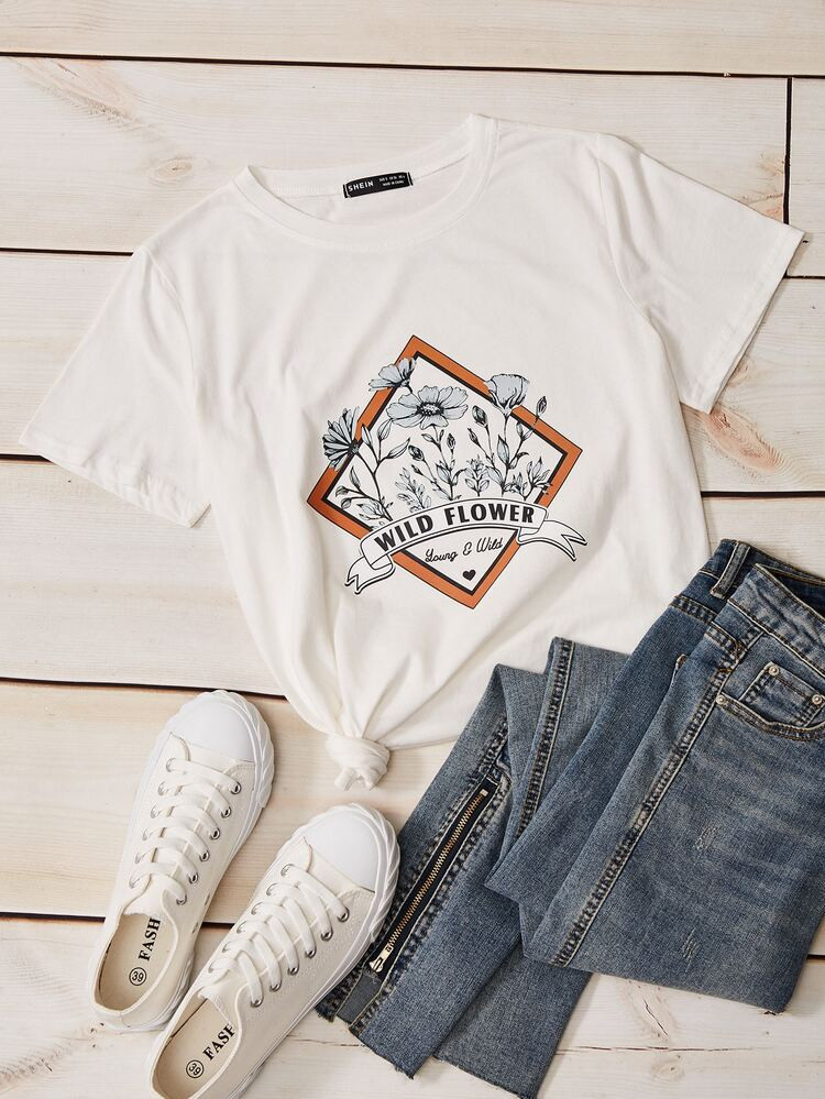 Plus Slogan & Floral Print Tee | SHEIN