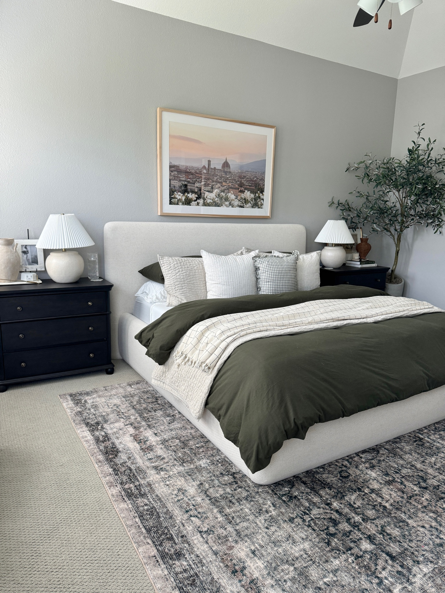 Primary bedroom design, master bedroom, king sized green, olive green bedding, bed pillows, affordable black bedside table, crate and barrel bed 

#LTKSeasonal #LTKHome
