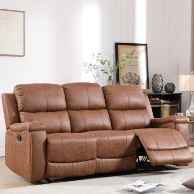 83.8'' Wide Classic Breatheable Faux Leather Manual Reclining Sofa,3-Seater Recliner Couch With Cup Holders | Wayfair North America