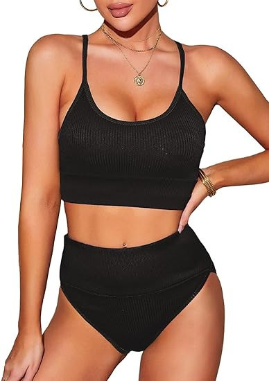 Herseas High Waisted 2 Piece Bikini Set for Women Tummy Control Color Block Striped Swimsuit Knit... | Amazon (US)