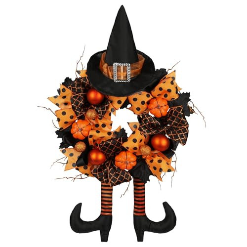 Halloween Wreath for Front Door 16" Tinsel Black Witch Wreath with Hat Legs and Orange Pumpkin for Fall Autumn Indoor Window Door Thanksgiving Halloween Decorations | Amazon (US)