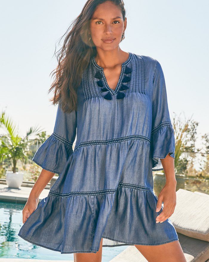 Chambray Embroidered Tier Dress | Tommy Bahama