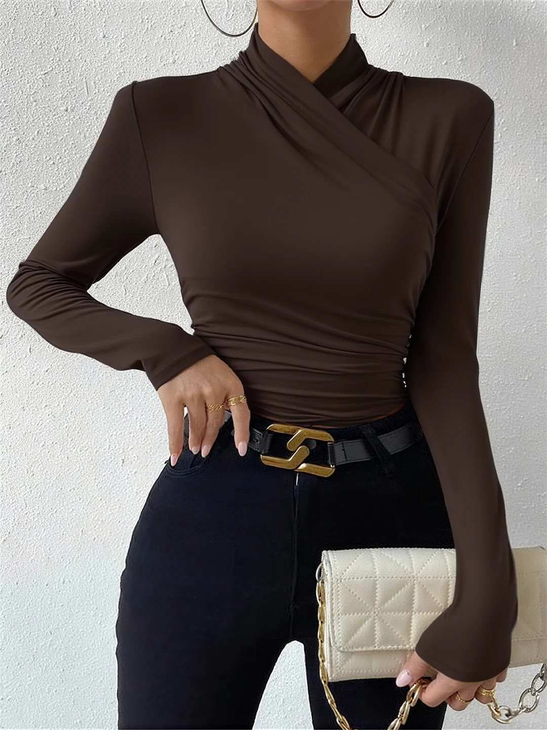 Cross-Over Collar Pleated Cinched T-Shirt | Commense
