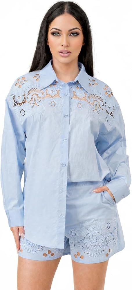 Women's Two Piece Lace Embroidered Button-Down Shirt and Shorts Set, Long Sleeve | Amazon (US)