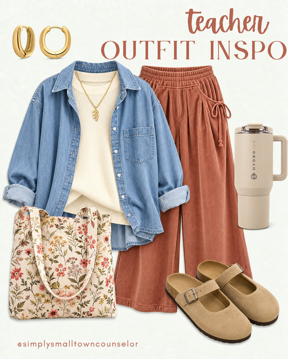 teacher outfit inspo 🤍 A cozy sweater, denim layers & the prettiest terracotta pants! Add a floral tote & comfy clogs for a classroom-ready look that feels like fall. 🍂

#LTKWorkwear