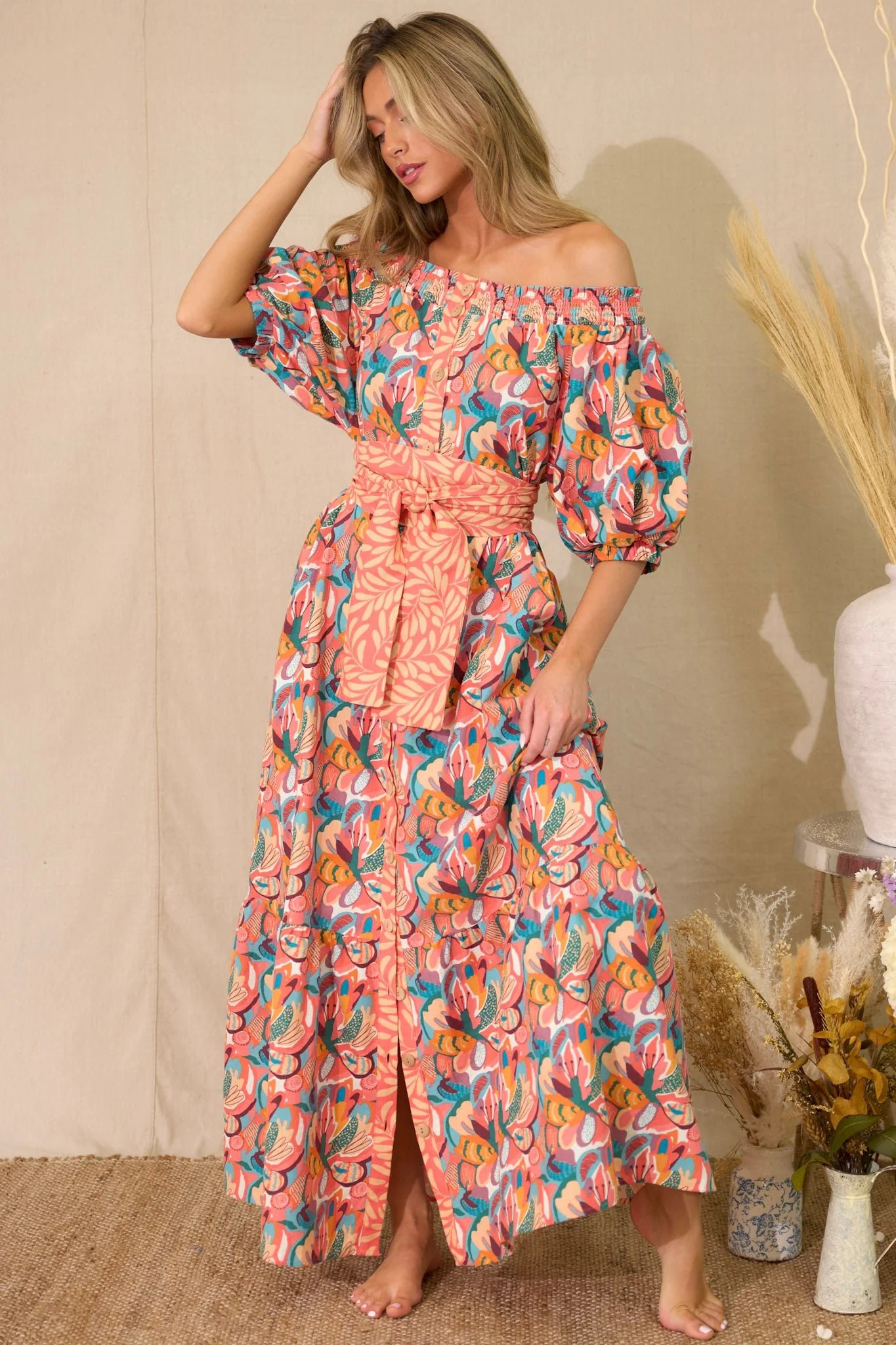 Good Flows To Me Coral Floral Print Maxi Dress | Red Dress