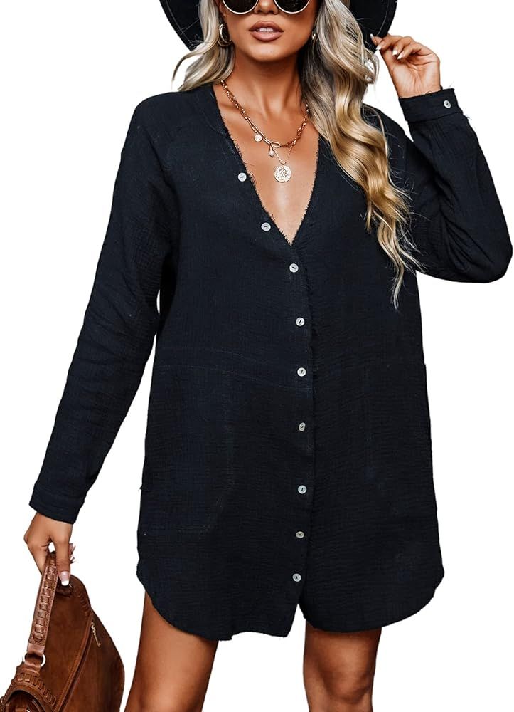 CUPSHE Women's Casual V Neck Cotton Short Length Shirt Dress Loose Button Down Mini Dress | Amazon (US)