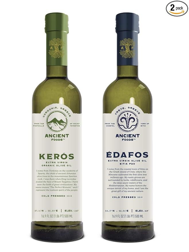 Ancient Foods – Greek Extra Virgin Olive Oil Bundle – Organic Sparta and PDO Crete 2 X 17oz B... | Amazon (US)