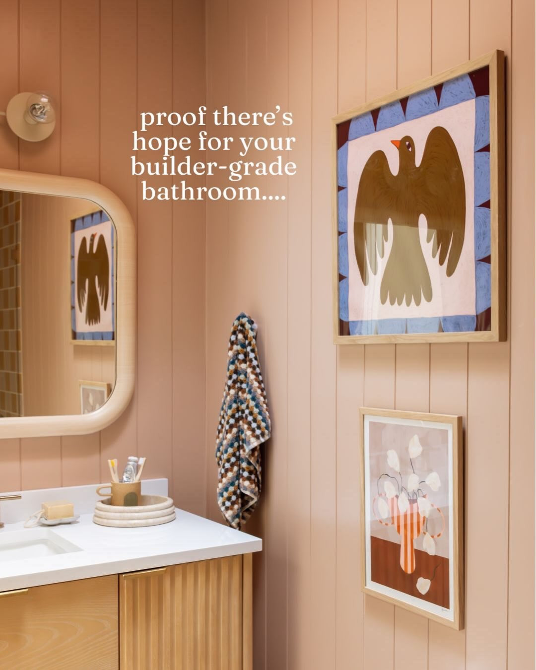 Gotta love a good bathroom makeover 😮‍💨 this bathroom belongs to my friend and photographer @kaitlinmgreen_photo and her 5 + 8 year old daughters - it couldn’t have turned out cuter:) Head to the link in my bio to read the full story and find links to all the sources we used 💗💛

Photos @kaitlinmgreen_photo 
Tile @fireclaytile 
Fixtures, vanity, mirror @allmodern 
Skylight @veluxusa 
Paneling @officialmetrie 
Paint @sherwinwilliams