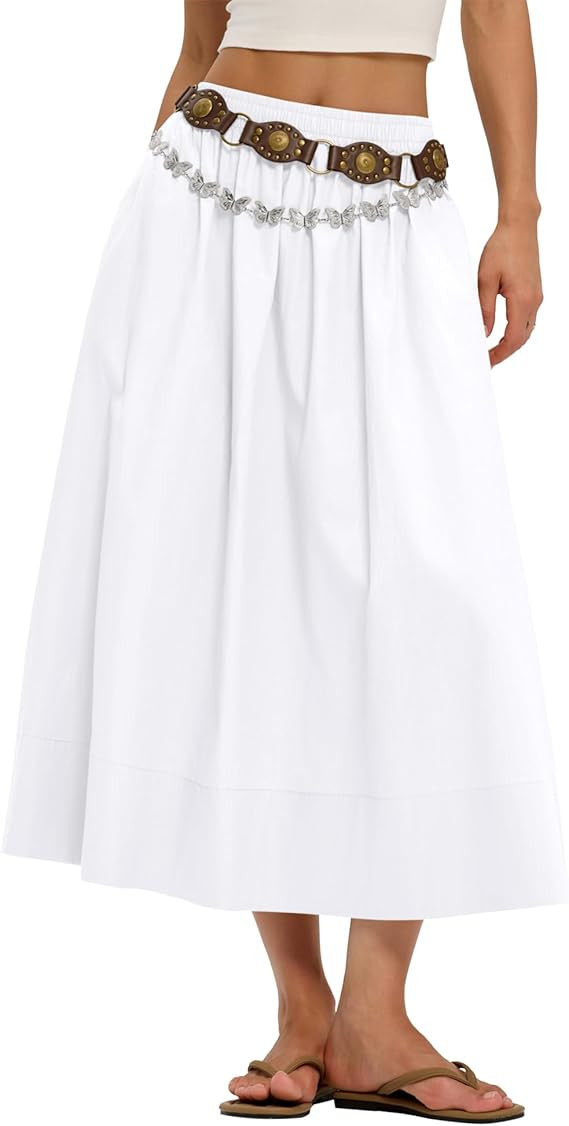 LOMON Midi Skirts for Women A-Line Cotton Flowy Maxi Skirt Boho Summer Beach Casual Elastic Waist... | Amazon (US)