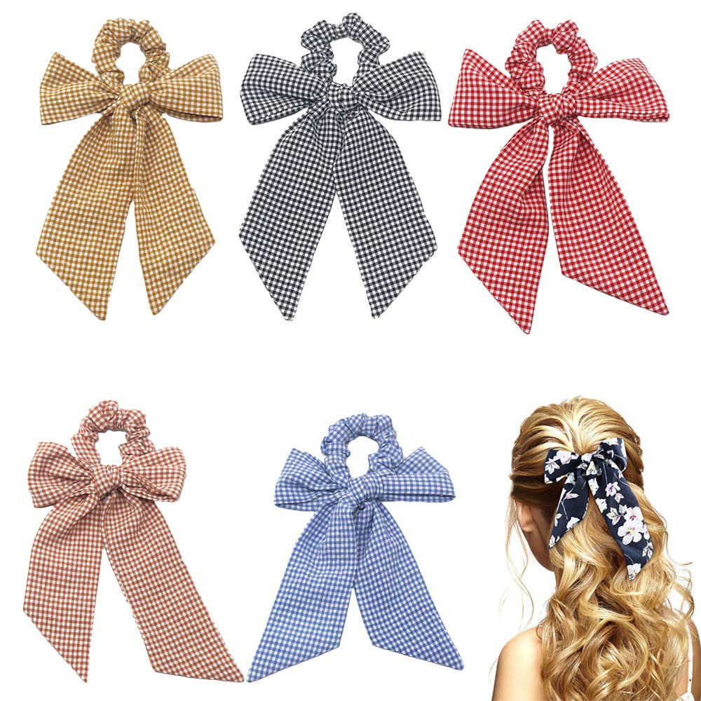 5Pcs Bow Hair Scrunchies, Polka Dot Scarf Hair Bow, Chiffon Bow Hair Bands Hair Scarves for Women... | Amazon (US)