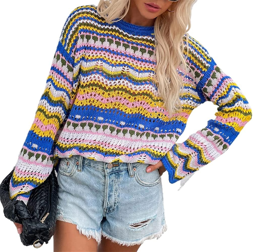 Women' s Y2K Crochet Crop Top See Through Hollow Out Sweater Pullover Long Sleeve Knit Color Bloc... | Amazon (US)