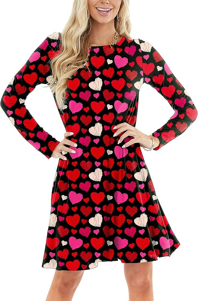 Deerose Women Vanlentine Dress Long Sleeve Mardi Gras Holiday Printed A Line Dresses with Pockets | Amazon (US)