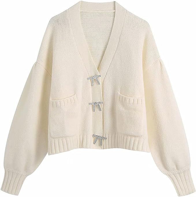 Women's Rhinestone Buttons Loose Knitted Cardigan Long Sleeve V-Neck Sweater with Pockets | Amazon (US)