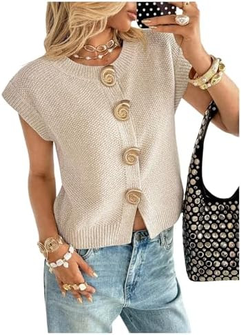 SHENHE Women's Crewneck Cap Sleeve Cardigan Sweater Button Down Summer Knit Vest Cardigan | Amazon (US)