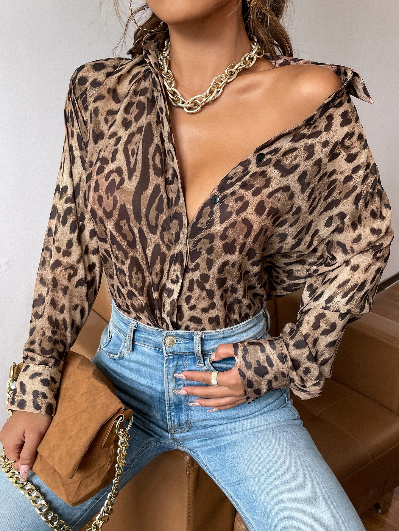 SHEIN Privé Leopard Print Button Up Shirt | SHEIN