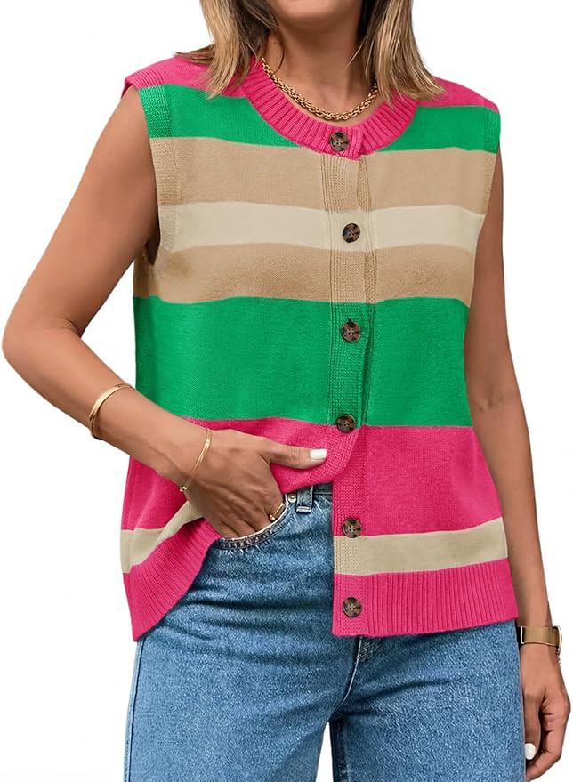 Tankaneo Womens Color Block Striped Sweater Vest Tops Summer Casual Button Up Knit Sleeveless Car... | Amazon (US)