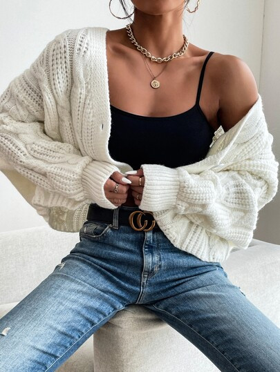 Cable Knit Drop Shoulder Cardigan | SHEIN