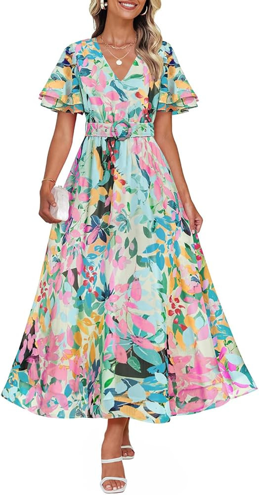 ZESICA Women's 2025 Summer Casual Floral Print Short Sleeve V Neck High Waist Flowy Maxi Dress wi... | Amazon (US)