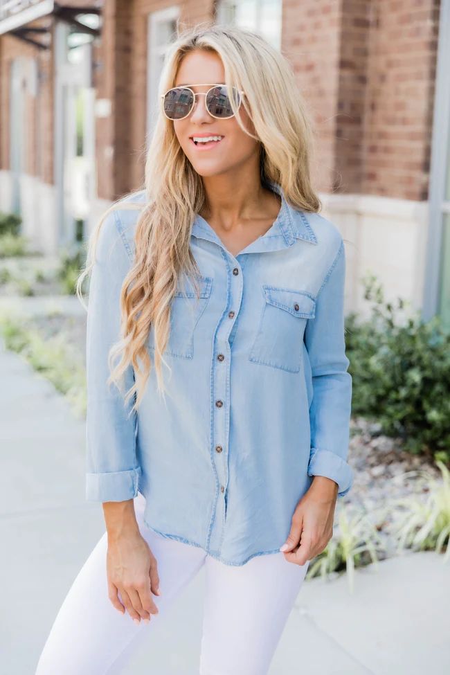 Proudly Yours Chambray Shirt Light Blue | The Pink Lily Boutique