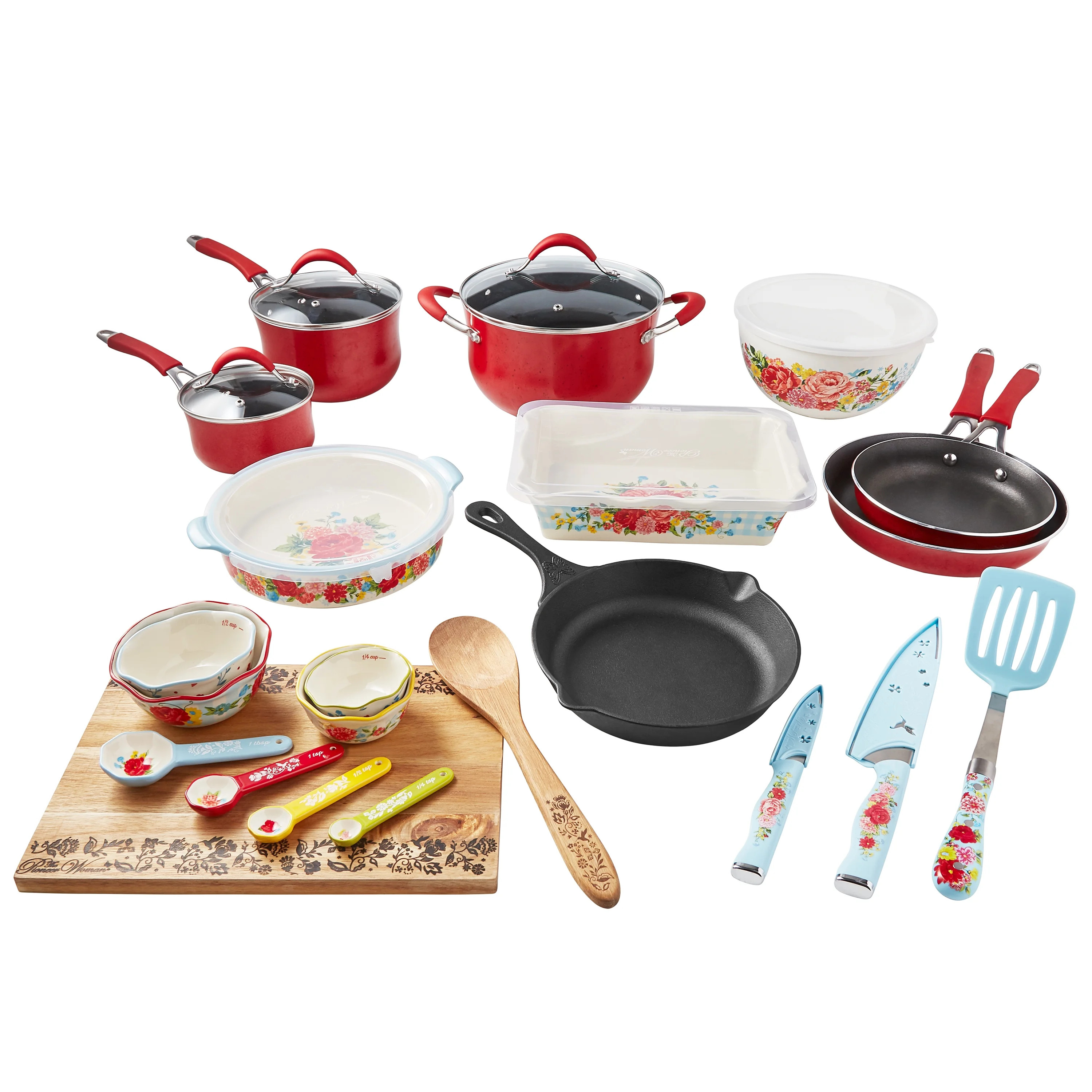 The Pioneer Woman Sweet Romance 30-Piece Nonstick Cookware Set, Red | Walmart (US)