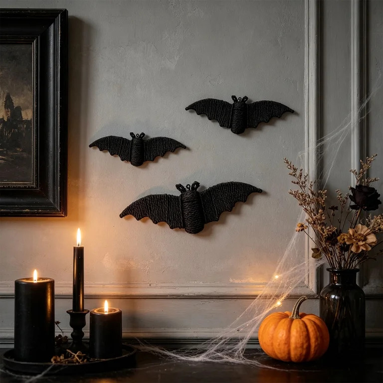 MYUNNIL 3 Pcs Woven Rattan Bat Wall Hanging, 3D Gothic Spooky Handcrafted Black Wicker Bats with ... | Walmart (US)