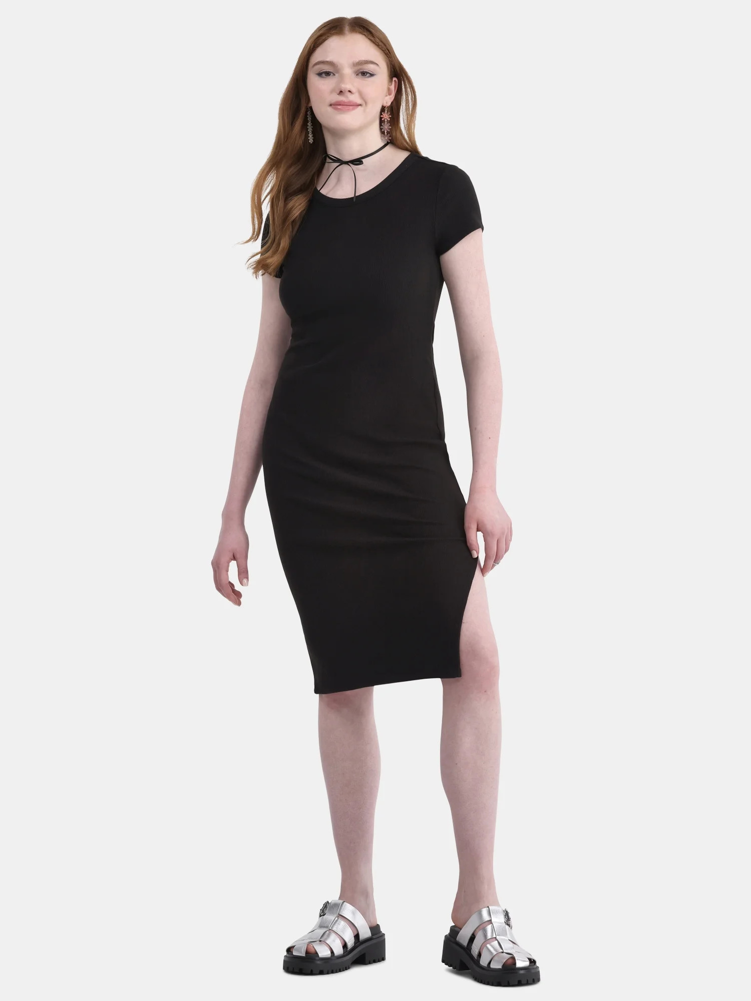 No Boundaries Slit Midi Dress with Short Sleeves, Women's | Walmart (US)