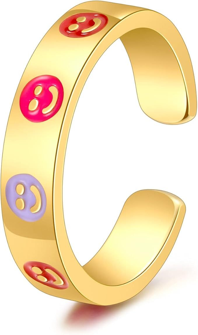 Smiley Face Ring For Women，Y2k Rings Colorful Promise Cute Best Friend Gold Rings For Teen Girl... | Amazon (US)