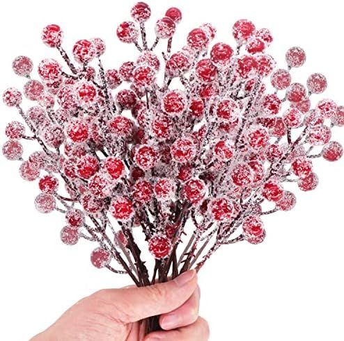 24 Pieces Artificial Holly Berry Stems 9" Christmas Berry Picks Sprays Snowy Fake Red Berries for... | Amazon (US)