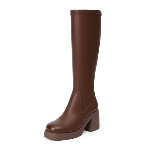 Easyfox Brown Platform Tall Boots Stretchy Knee High Boots Women Square Toe Long Brown Elastic Boots Chunky Heel Brown Boots for Women Size 9.5 | Amazon (US)