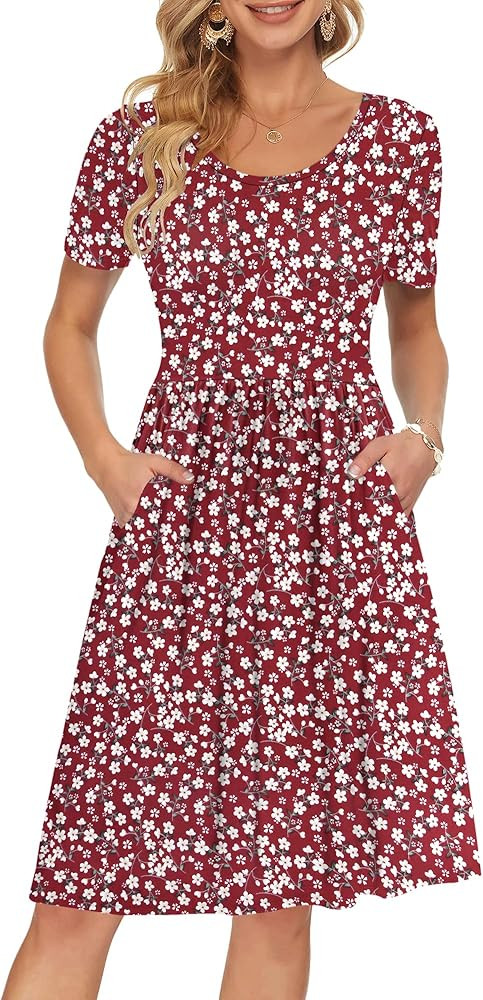 AUSELILY Women's Short Sleeve Empire Waist Dress Pleated Loose Swing Knee Length Dresses with Pockets 2025 New | Amazon (US)