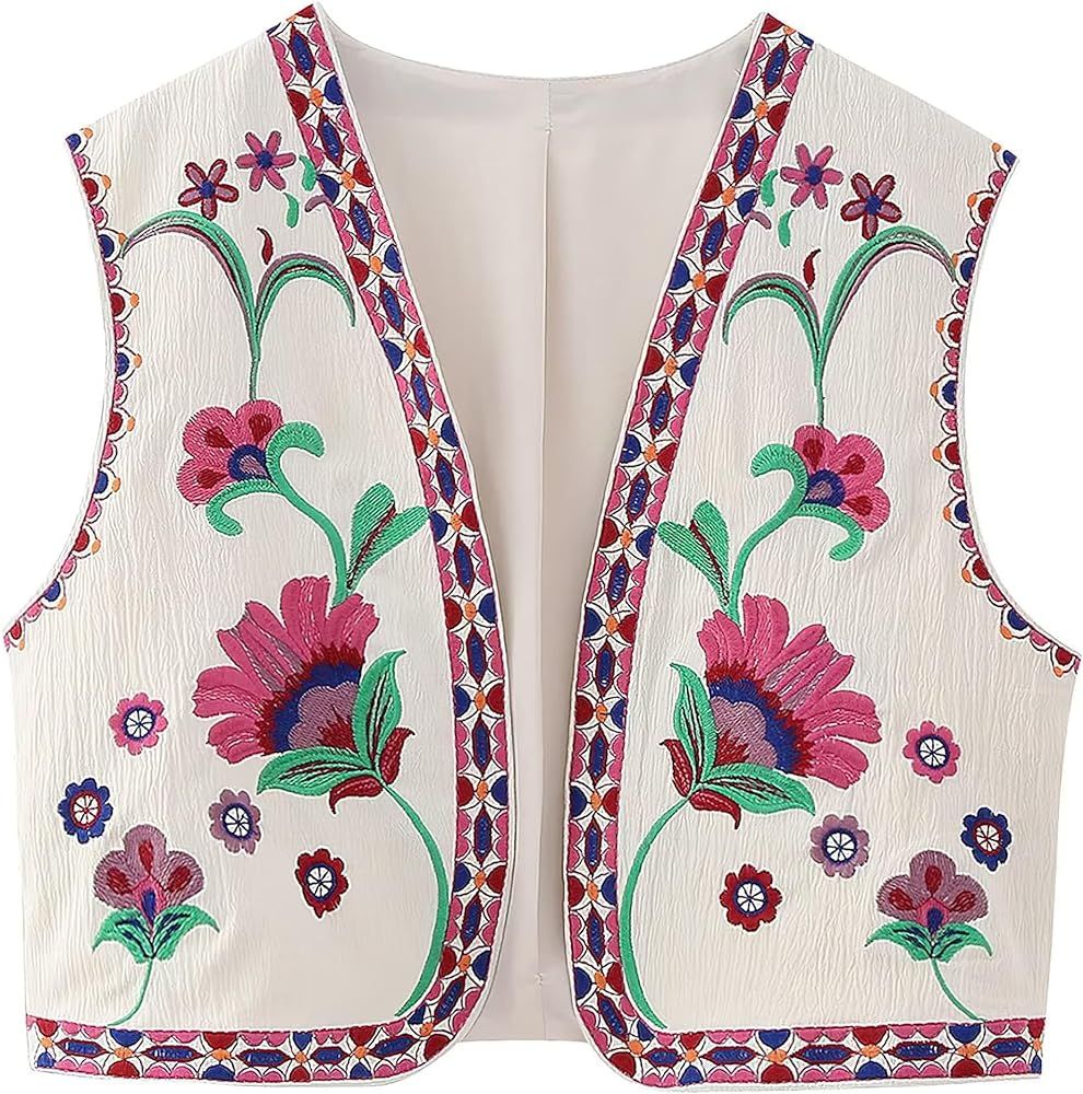 Rcuyyl Y2K Women Vintage Embroidered Vest Tops Linen Cropped Sleeveless Exchic Floral Cardigans F... | Amazon (US)