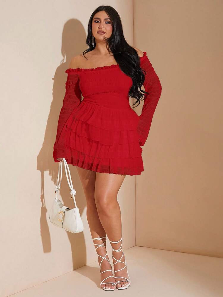 SHEIN BAE Plus Size Fall Sweet And Sexy White Ruffle Texture Off-Shoulder Long-Sleeved Pleated Layered Ruffle Mini Dress/Christmas | SHEIN