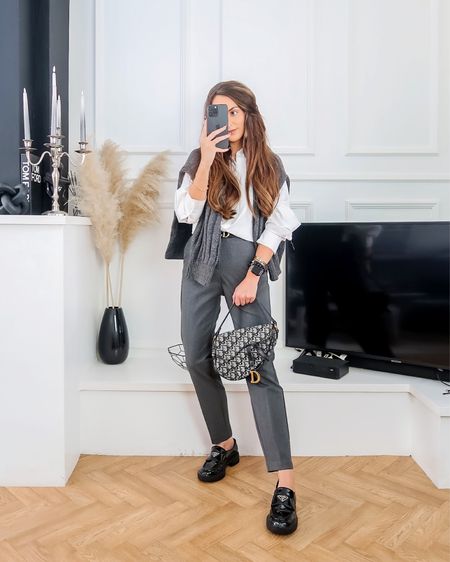 Autumn outfit idea, autumn style, autumn fashion, grey outfit idea, grey marl, grey trousers, white shirt outfit, grey knitwear, grey jumper, saddle bag, loafers outfit, prada loafers 

#LTKeurope #LTKSeasonal #LTKworkwear