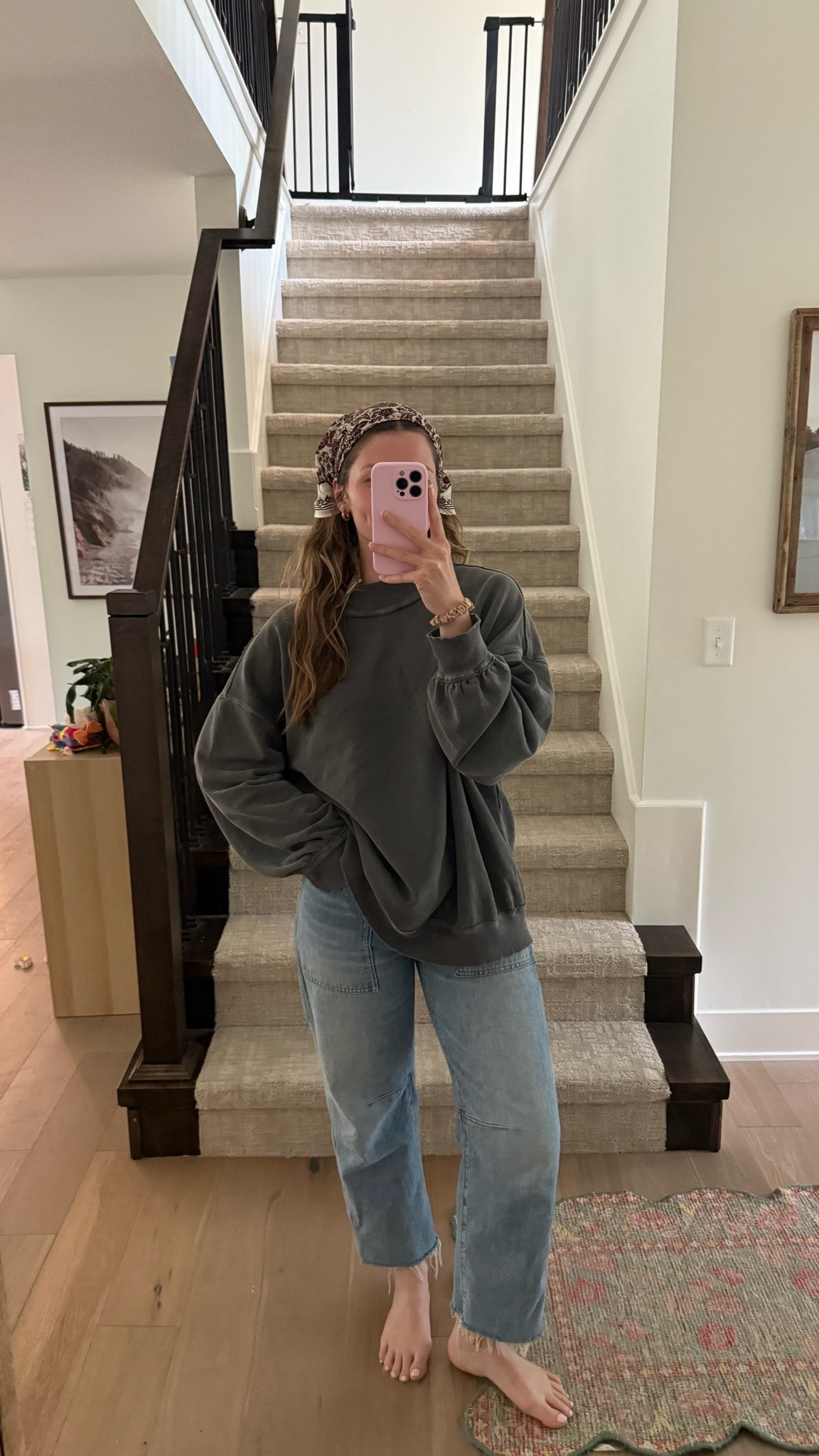 wearing a medium in crewneck for more oversized fit (worked great with the bump!) and sized up 2 sizes in jeans postpartum, so comfortable!

#LTKootd #LTKmomlife
