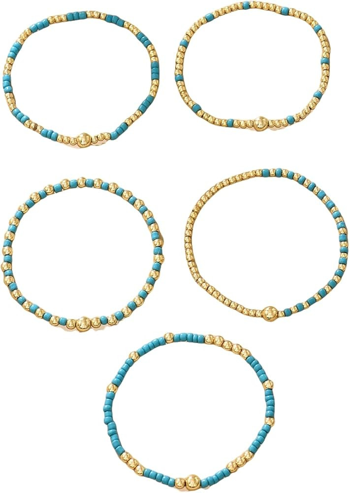 Caiyao Bohemia Multilayer Resin Beaded Stackable Bracelets Set Colorful Surfer Heishi Gold Beaded... | Amazon (US)