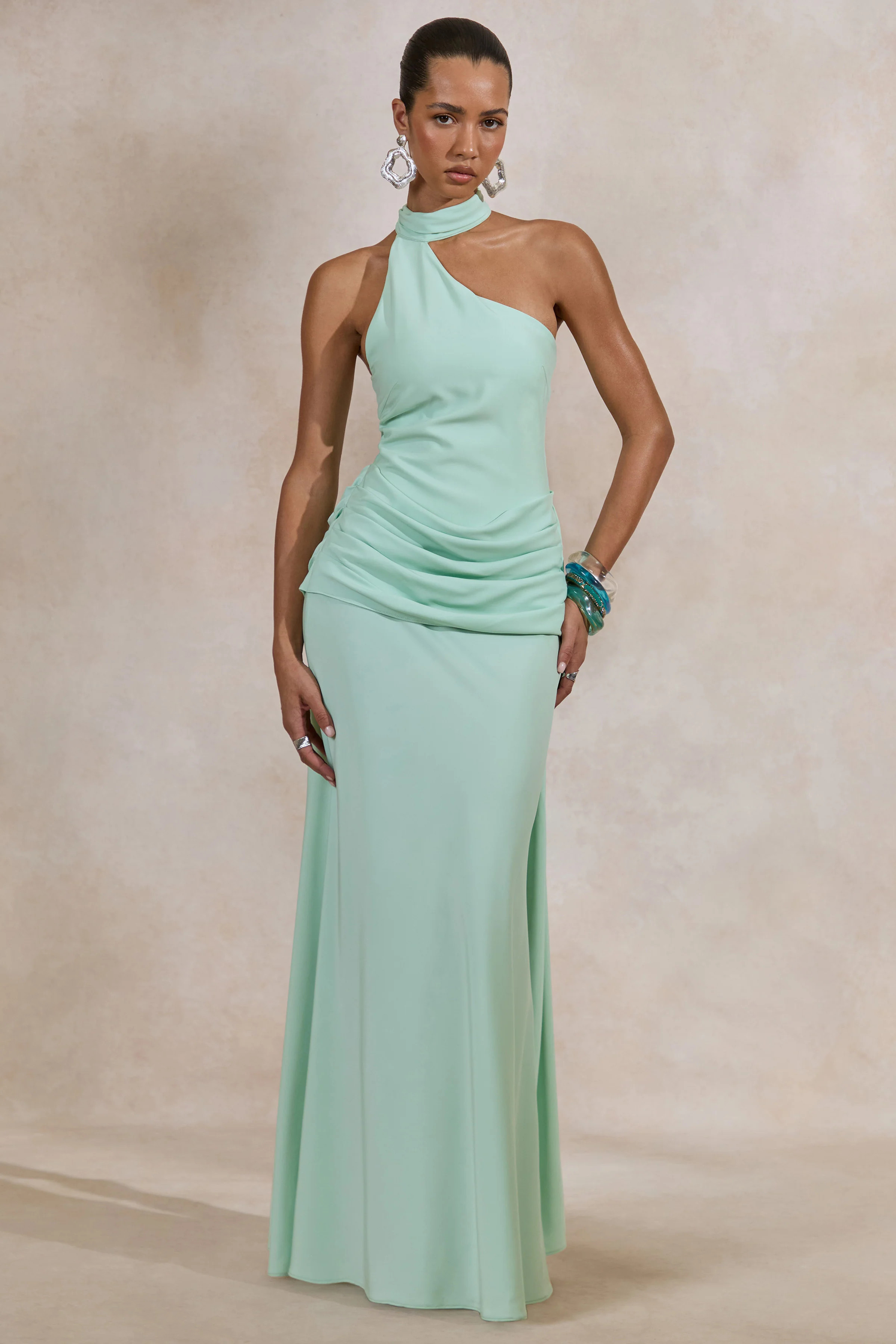 Aevina | Mint Satin Asymmetric-Neck Maxi Dress With Scarf-Detail | Club L London