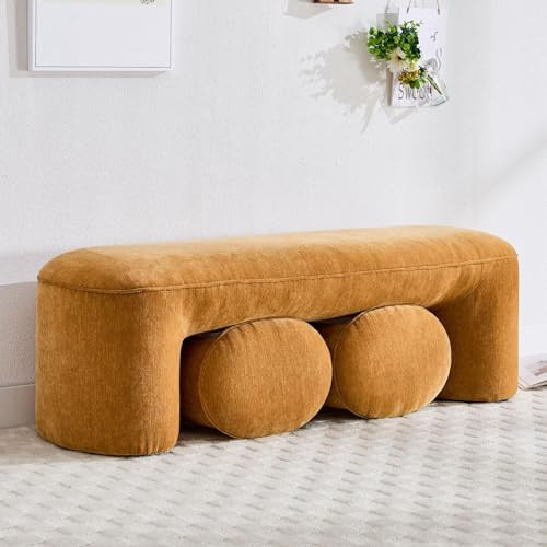ChicAura 3-Piece Nesting Ottoman Bench Set，53" Long Upholstered End of Bed Bench with 2 Foot Stools Chenille Comfy Entry Bench Vanity Stools for Living Room Bedroom, Mustard Yellow | Amazon (US)
