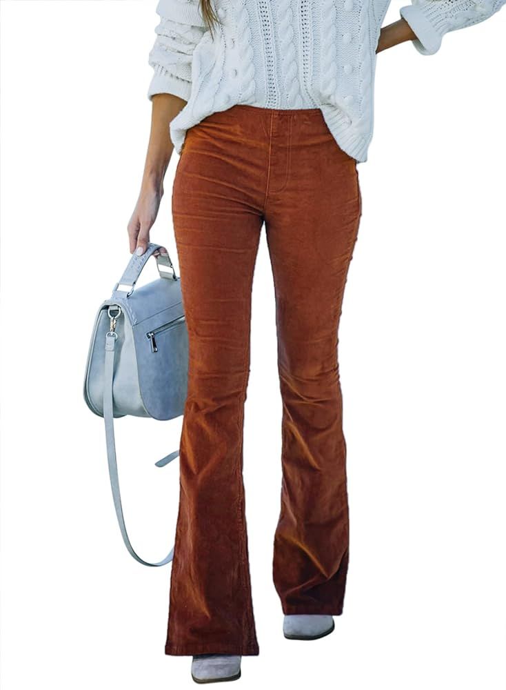 Sidefeel Women Corduroy Flare Pants Elastic Waist Bell Bottom Trousers | Amazon (US)